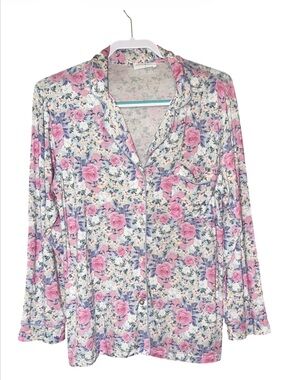 Stripe & Stare Floral Button-Up Pajama Top - Pink & Lavender Roses